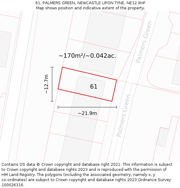 61, PALMERS GREEN, NEWCASTLE UPON TYNE, NE12 9HF: Plot and title map