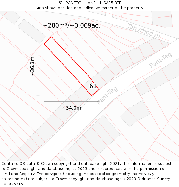 61, PANTEG, LLANELLI, SA15 3TE: Plot and title map