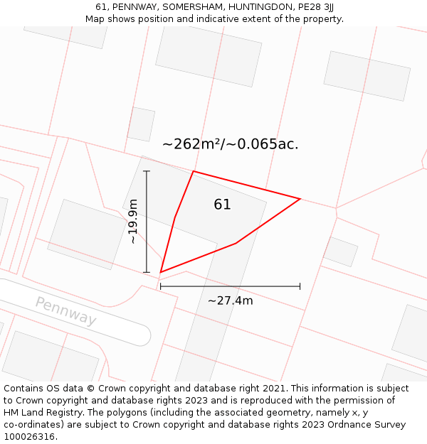 61, PENNWAY, SOMERSHAM, HUNTINGDON, PE28 3JJ: Plot and title map