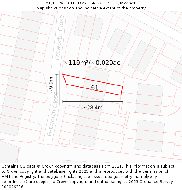 61, PETWORTH CLOSE, MANCHESTER, M22 4YR: Plot and title map