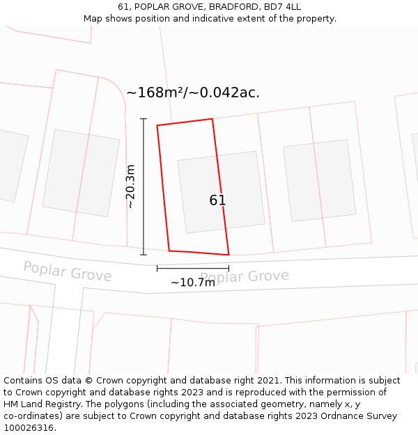 61, POPLAR GROVE, BRADFORD, BD7 4LL: Plot and title map