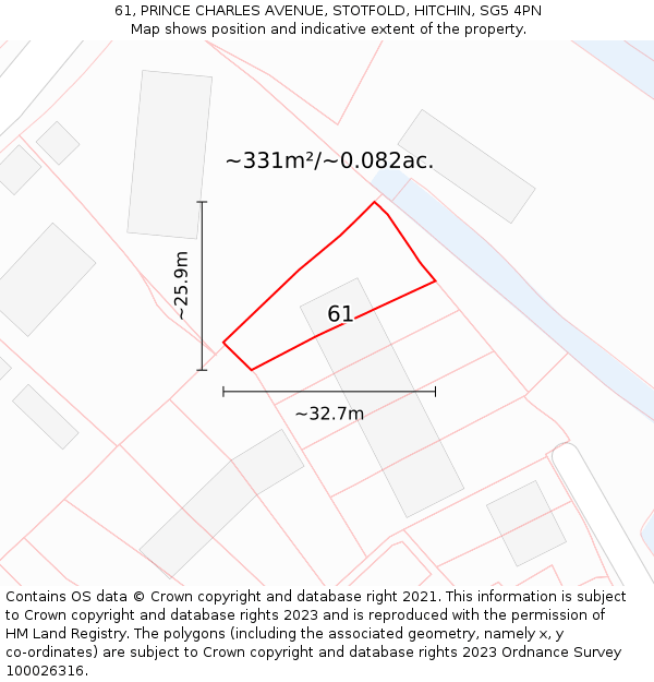 61, PRINCE CHARLES AVENUE, STOTFOLD, HITCHIN, SG5 4PN: Plot and title map