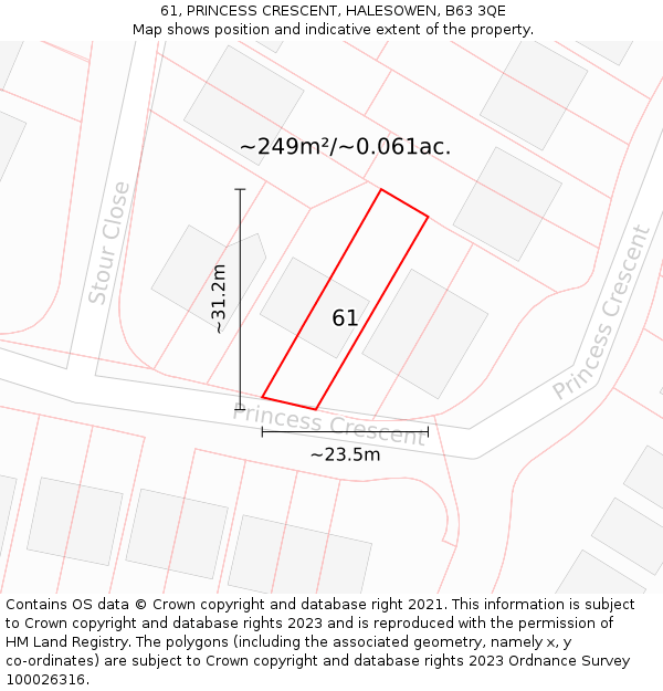 61, PRINCESS CRESCENT, HALESOWEN, B63 3QE: Plot and title map