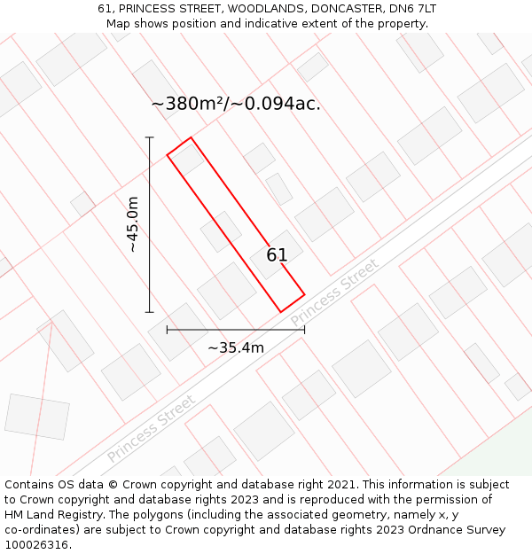 61, PRINCESS STREET, WOODLANDS, DONCASTER, DN6 7LT: Plot and title map