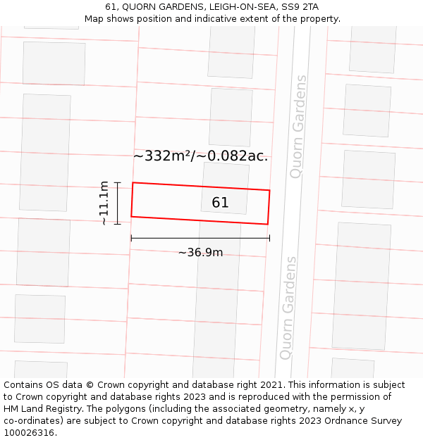 61, QUORN GARDENS, LEIGH-ON-SEA, SS9 2TA: Plot and title map