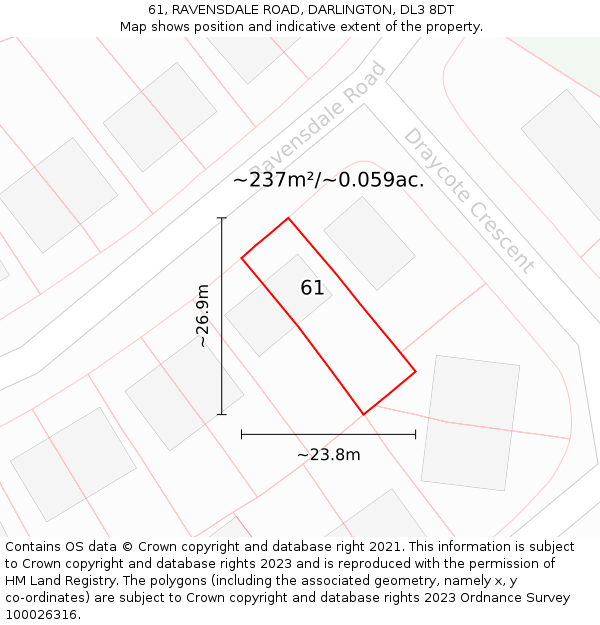 61, RAVENSDALE ROAD, DARLINGTON, DL3 8DT: Plot and title map