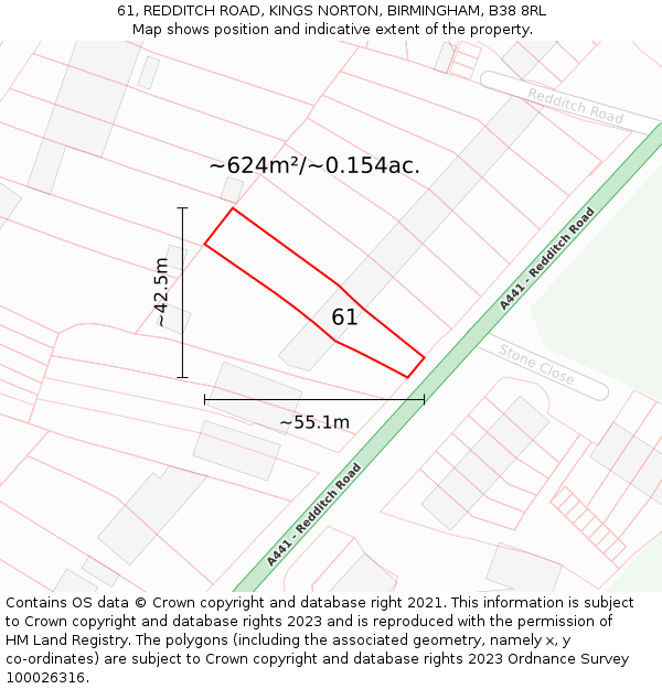 61, REDDITCH ROAD, KINGS NORTON, BIRMINGHAM, B38 8RL: Plot and title map