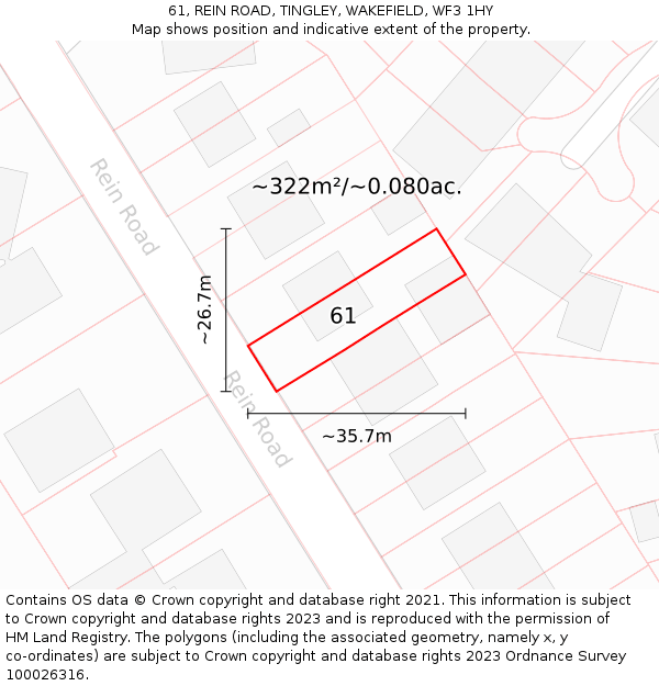 61, REIN ROAD, TINGLEY, WAKEFIELD, WF3 1HY: Plot and title map