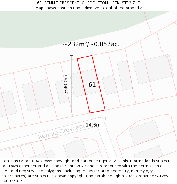 61, RENNIE CRESCENT, CHEDDLETON, LEEK, ST13 7HD: Plot and title map