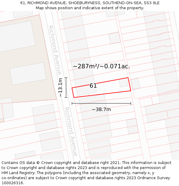 61, RICHMOND AVENUE, SHOEBURYNESS, SOUTHEND-ON-SEA, SS3 9LE: Plot and title map