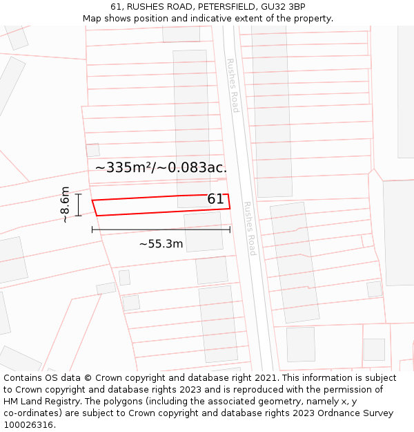 61, RUSHES ROAD, PETERSFIELD, GU32 3BP: Plot and title map