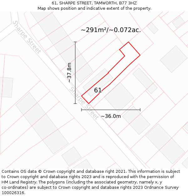 61, SHARPE STREET, TAMWORTH, B77 3HZ: Plot and title map