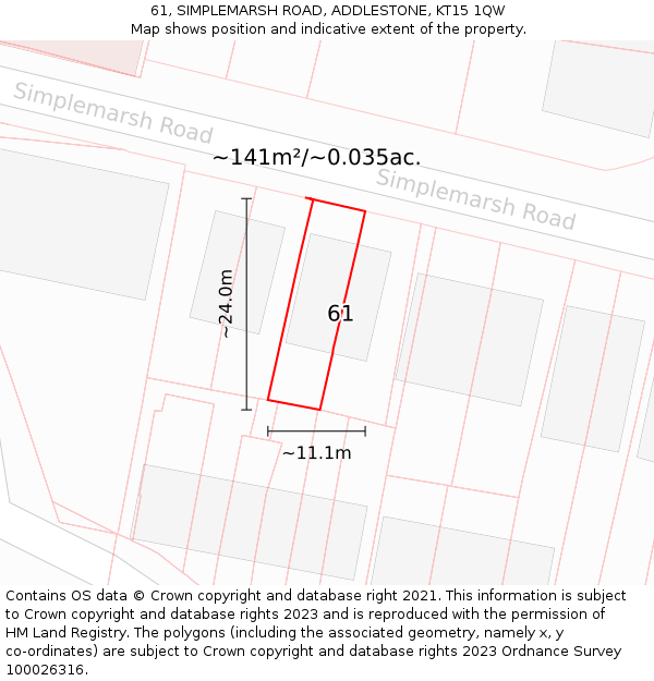 61, SIMPLEMARSH ROAD, ADDLESTONE, KT15 1QW: Plot and title map