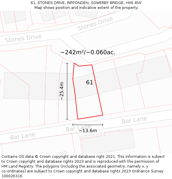 61, STONES DRIVE, RIPPONDEN, SOWERBY BRIDGE, HX6 4NY: Plot and title map