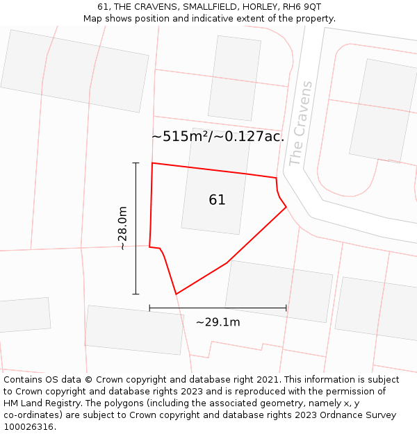 61, THE CRAVENS, SMALLFIELD, HORLEY, RH6 9QT: Plot and title map