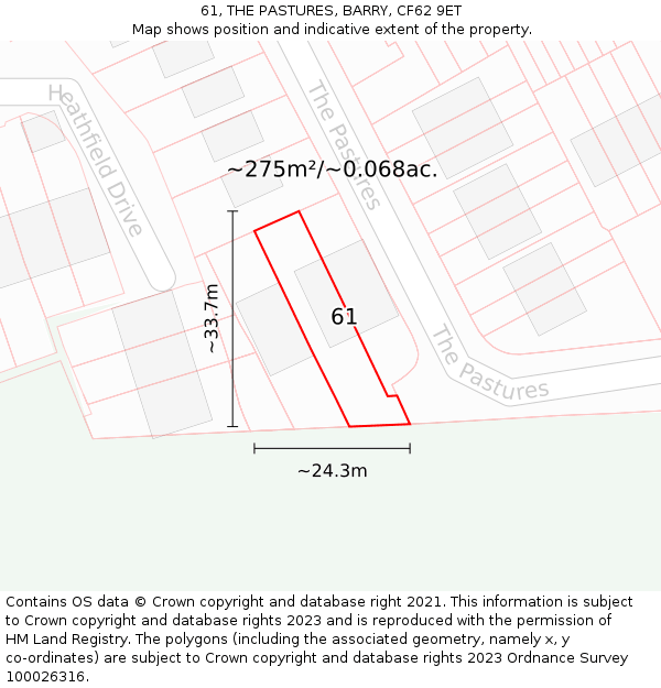 61, THE PASTURES, BARRY, CF62 9ET: Plot and title map