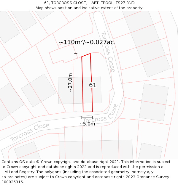 61, TORCROSS CLOSE, HARTLEPOOL, TS27 3ND: Plot and title map