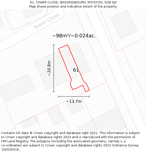 61, TOWER CLOSE, BASSINGBOURN, ROYSTON, SG8 5JX: Plot and title map