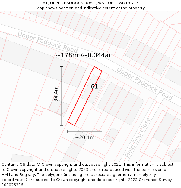 61, UPPER PADDOCK ROAD, WATFORD, WD19 4DY: Plot and title map
