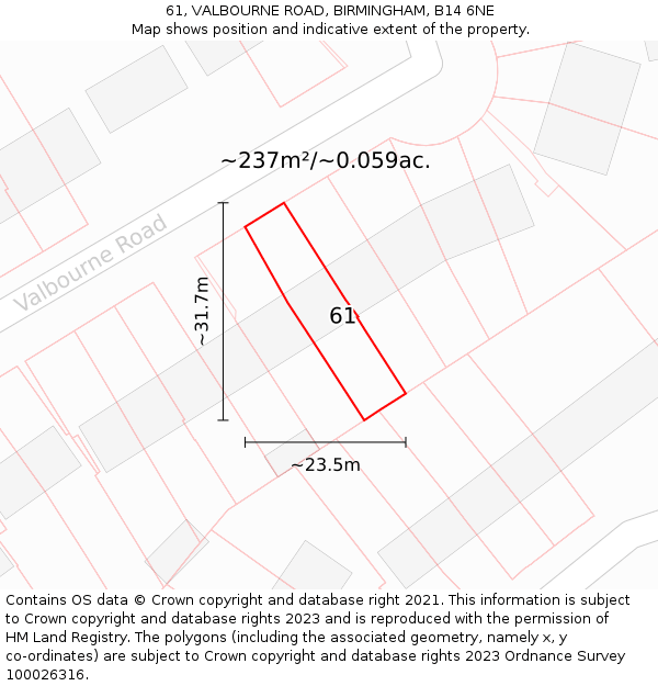 61, VALBOURNE ROAD, BIRMINGHAM, B14 6NE: Plot and title map