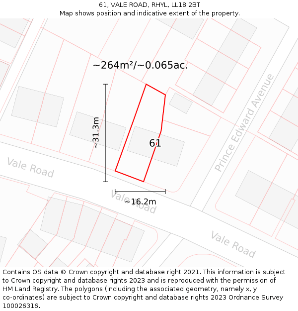 61, VALE ROAD, RHYL, LL18 2BT: Plot and title map