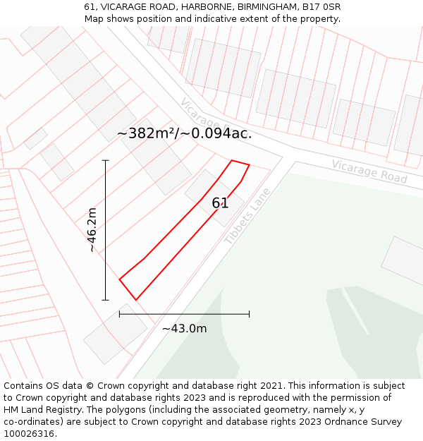 61, VICARAGE ROAD, HARBORNE, BIRMINGHAM, B17 0SR: Plot and title map