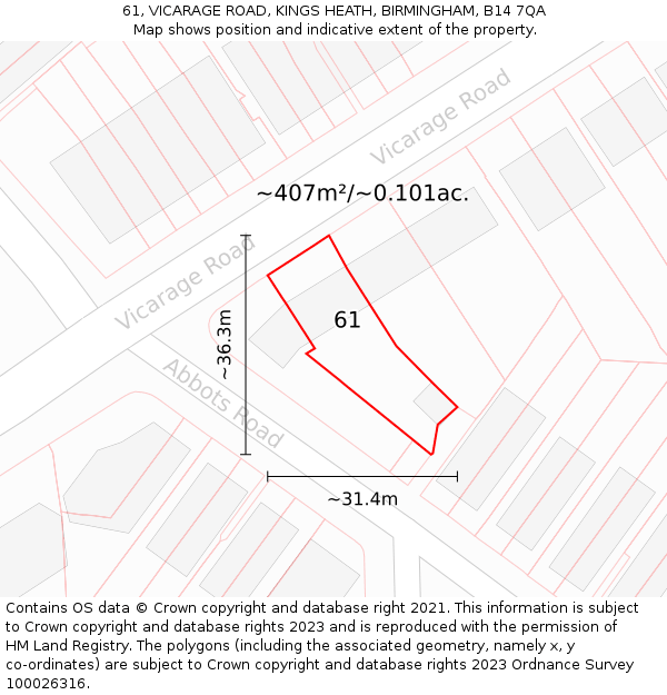 61, VICARAGE ROAD, KINGS HEATH, BIRMINGHAM, B14 7QA: Plot and title map