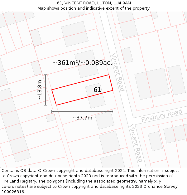 61, VINCENT ROAD, LUTON, LU4 9AN: Plot and title map