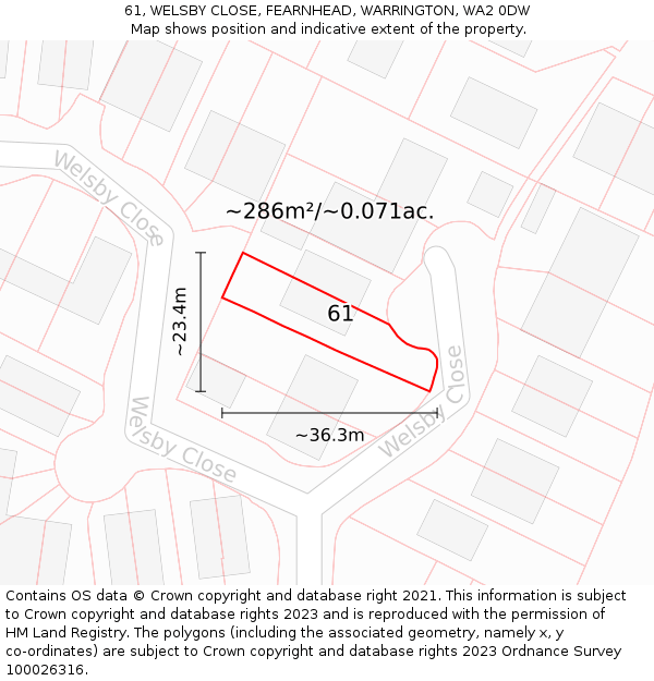 61, WELSBY CLOSE, FEARNHEAD, WARRINGTON, WA2 0DW: Plot and title map