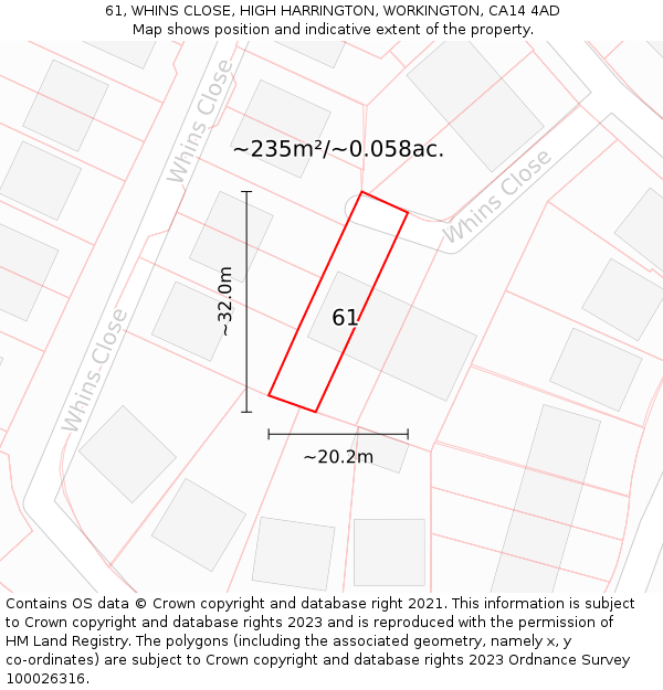 61, WHINS CLOSE, HIGH HARRINGTON, WORKINGTON, CA14 4AD: Plot and title map