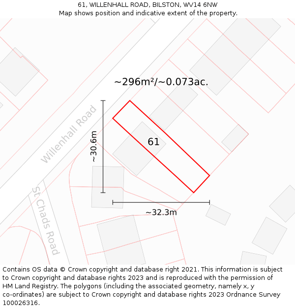 61, WILLENHALL ROAD, BILSTON, WV14 6NW: Plot and title map