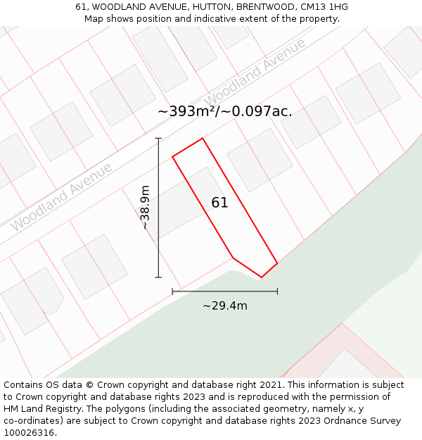 61, WOODLAND AVENUE, HUTTON, BRENTWOOD, CM13 1HG: Plot and title map