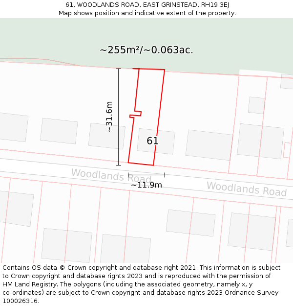 61, WOODLANDS ROAD, EAST GRINSTEAD, RH19 3EJ: Plot and title map