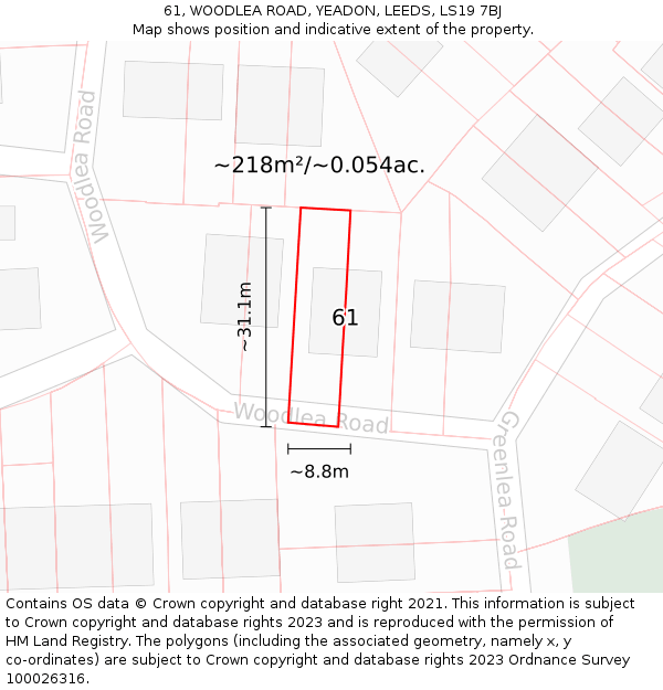 61, WOODLEA ROAD, YEADON, LEEDS, LS19 7BJ: Plot and title map