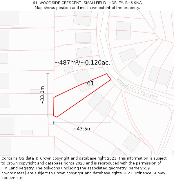 61, WOODSIDE CRESCENT, SMALLFIELD, HORLEY, RH6 9NA: Plot and title map