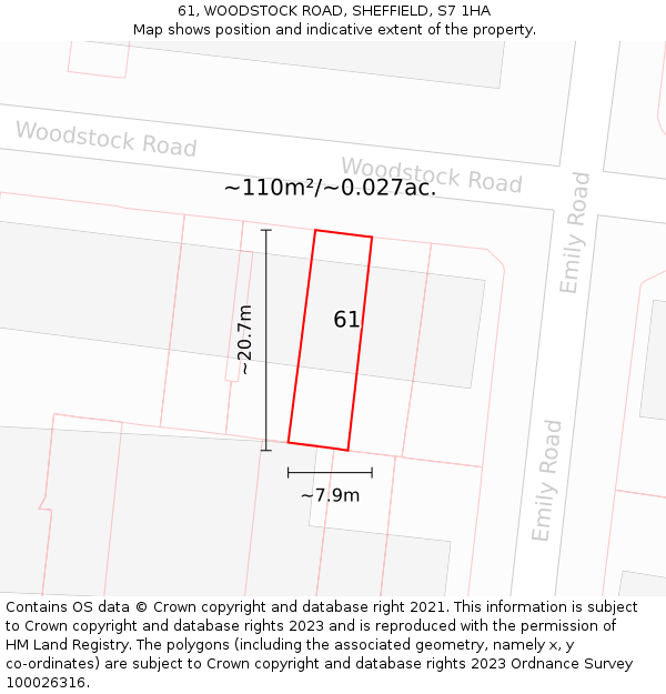 61, WOODSTOCK ROAD, SHEFFIELD, S7 1HA: Plot and title map