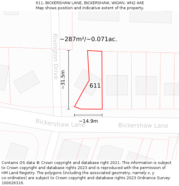 611, BICKERSHAW LANE, BICKERSHAW, WIGAN, WN2 4AE: Plot and title map