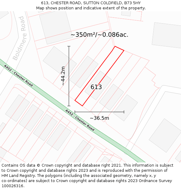 613, CHESTER ROAD, SUTTON COLDFIELD, B73 5HY: Plot and title map