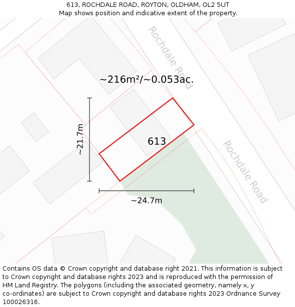 613, ROCHDALE ROAD, ROYTON, OLDHAM, OL2 5UT: Plot and title map