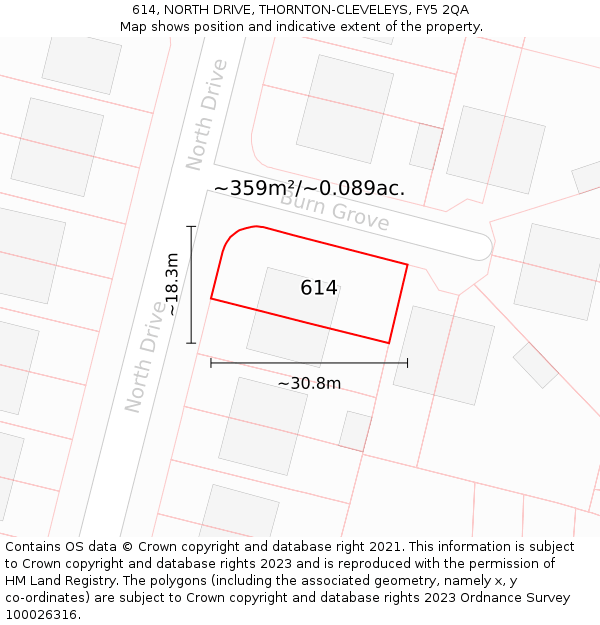 614, NORTH DRIVE, THORNTON-CLEVELEYS, FY5 2QA: Plot and title map