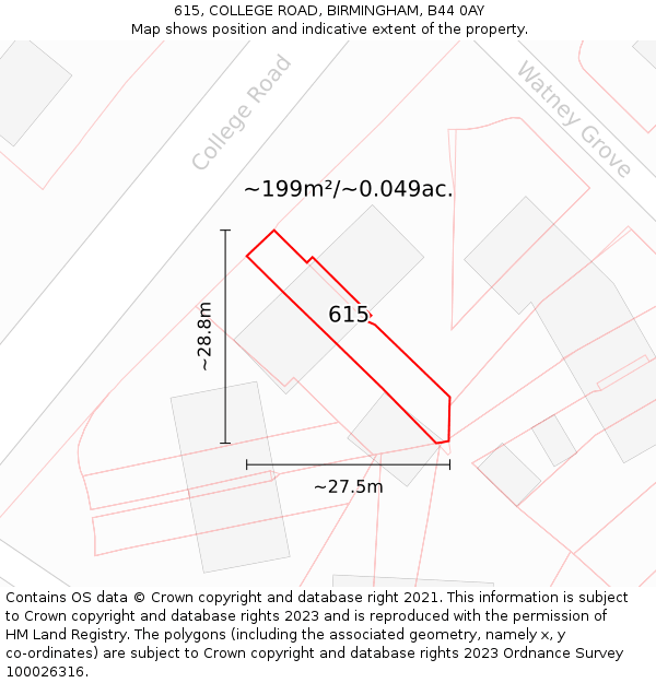 615, COLLEGE ROAD, BIRMINGHAM, B44 0AY: Plot and title map