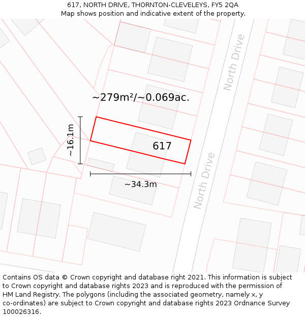 617, NORTH DRIVE, THORNTON-CLEVELEYS, FY5 2QA: Plot and title map