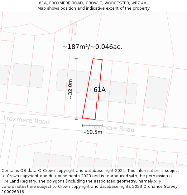 61A, FROXMERE ROAD, CROWLE, WORCESTER, WR7 4AL: Plot and title map