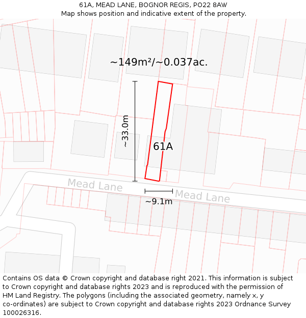 61A, MEAD LANE, BOGNOR REGIS, PO22 8AW: Plot and title map