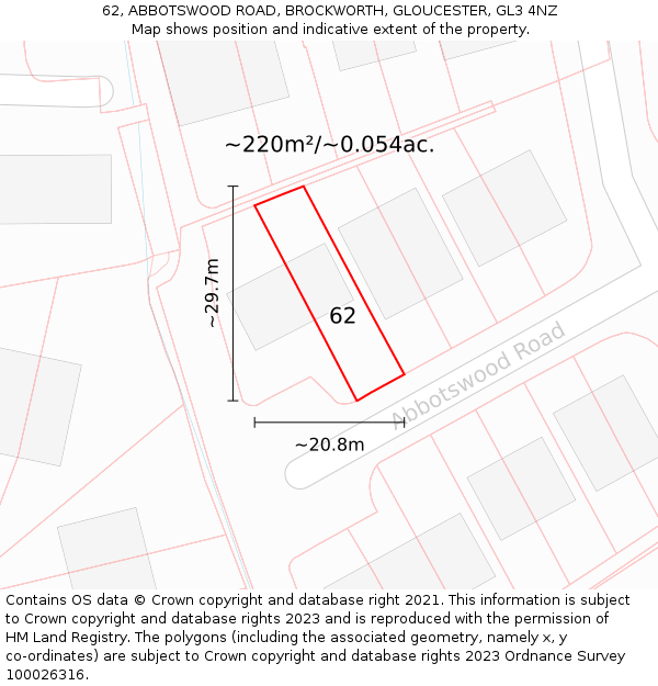 62, ABBOTSWOOD ROAD, BROCKWORTH, GLOUCESTER, GL3 4NZ: Plot and title map