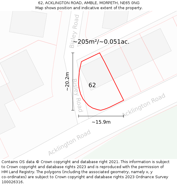 62, ACKLINGTON ROAD, AMBLE, MORPETH, NE65 0NG: Plot and title map