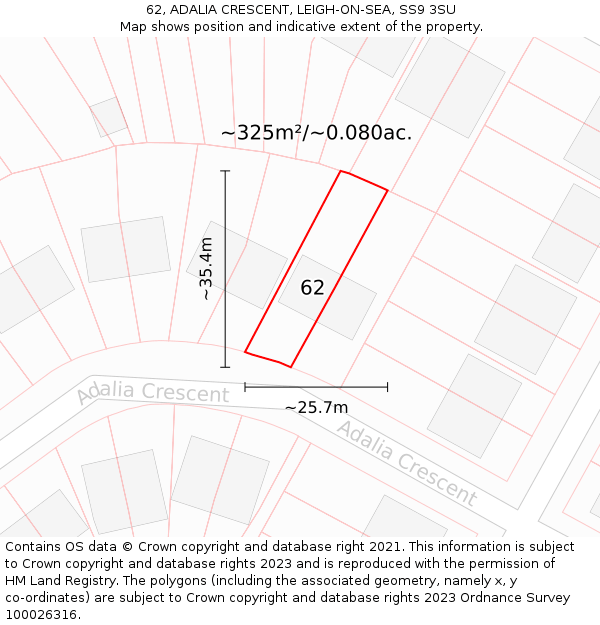 62, ADALIA CRESCENT, LEIGH-ON-SEA, SS9 3SU: Plot and title map