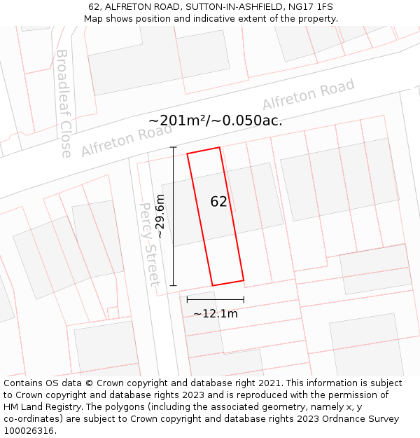 62, ALFRETON ROAD, SUTTON-IN-ASHFIELD, NG17 1FS: Plot and title map