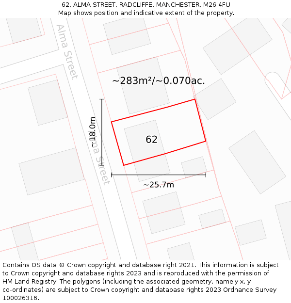 62, ALMA STREET, RADCLIFFE, MANCHESTER, M26 4FU: Plot and title map