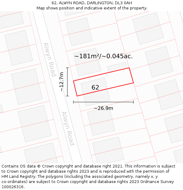 62, ALWYN ROAD, DARLINGTON, DL3 0AH: Plot and title map